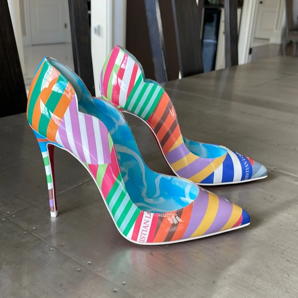 Christian louboutin hot chick 100mm patent striped multi color stiletto sz 37.5